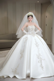 Timeless Ball Gown Strapless Satin Beaded With Gloves and Veil Long Wedding Dresses HZ1024