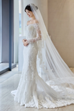 Vintage Mermaid Off The Shoulder White Tulle Lace Long Sleeves With Veil Long Wedding Dresses HZ1024