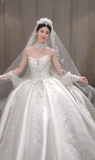 Dreamy Ball Gown Strapless Satin Applique Beaded With Veil Long Wedding Dresses HZ1024