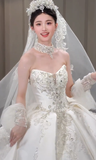 Dreamy Ball Gown Strapless Satin Applique Beaded With Veil Long Wedding Dresses HZ1024