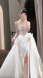 Sexy Mermaid Off The Shoulder Satin Beaded Slit Long Wedding Dresses HZ1024