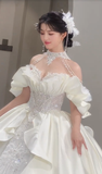 Stunning Ball Gown Off The Shoulder Satin Tulle Sqeuin Long Wedding Dresses HZ1024