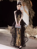Sexy A line High Neckline Long Black Prom Dress HZ1024