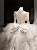 Luxurious Ball Gown Tulle Lace Sequin Beaded Long Sleeves With Veil Long Wedding Dresses HZ1024