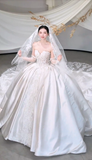 Timeless Ball Gown Starpless Satin Tulle Applique With Veil Long Wedding Dresses HZ1024