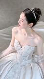 Timeless Ball Gown Starpless Satin Tulle Applique With Veil Long Wedding Dresses HZ1024