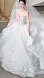 Timeless White Ball Gown Starpless Tulle Lace With Veil Long Wedding Dresses HZ1024