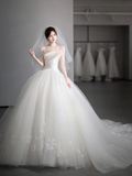Elegant Ball Gown Strapless Satin Tulle With Veil Long Wedding Dresses HZ1024