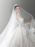 Timeless Ball Gown Off The Shoulder Tulle Lace Beaded Long Sleeves Long Wedding Dresses HZ1024