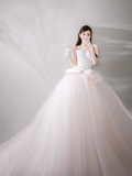 Elegant Ball Gown Strapless Tulle Lace Bow With Gloves Long Wedding Dresses HZ1024