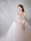 Elegant Ball Gown Strapless Tulle Lace Bow With Gloves Long Wedding Dresses HZ1024