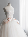 Elegant Ball Gown Strapless Tulle Lace Bow With Gloves Long Wedding Dresses HZ1024