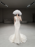 Unique Mermaid V Neck Tulle Lace Beaded Long Wedding Dresses HZ1024