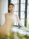 Dreamy Ball Gown Strapless Tulle Beaded Long Wedding Dresses HZ1024