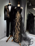 Sexy A line High Neckline Long Black Prom Dresses HZ1024