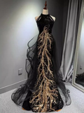Sexy A line High Neckline Long Black Prom Dresses HZ1024
