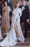 Elegant A Line Off The Shouder Satin Lace Long Sleeves Long Wedding Dresses HZ1024