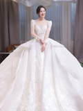 Timeless Ball Gown Satin Tulle Applique Beaded Long Sleeves Long Wedding Dresses HZ1024