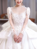 Timeless Ball Gown Satin Tulle Applique Beaded Long Sleeves Long Wedding Dresses HZ1024