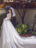 Unique Ball Gown Strapless Tulle Applique With Veil Long Wedding Dresses HZ1024