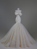 Dreamy Mermaid Strapless Satin Tulle Bow Long Wedding Dresses HZ1024