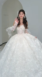 Dreamy Ball Gown Strapless Tulle Lace With Sleeves Long Wedding Dresses HZ1024