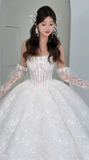 Dreamy Ball Gown Strapless Tulle Lace With Sleeves Long Wedding Dresses HZ1024