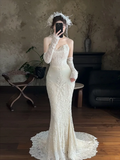Vintage Mermaid Strapless Satin Lace Applique With Veil Long Wedding Dresses HZ1024