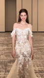 Dreamy Mermaid Off The Shoulder Tulle Lace Applique With Veil Long Wedding Dresses HZ1024