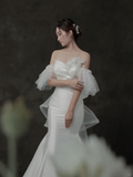 Pretty Mermaid Off The Shoulder Satin Tulle Long Wedding Dresses HZ1024