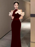 Sexy Mermaid Burgundy Velvet Prom Dresses With Gloves HZ1024