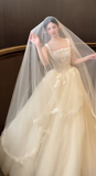 Sweet Ball Gown Square Tulle Lace With Veil Long Wedding Dresses HZ1024