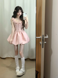 Pink A Line Spaghetti Straps Satin Flowers Short Homecoming Dress 18th Birthday Outfits HZ1024