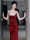 Sexy Mermaid Burgundy Sequin Prom Dresses HZ1024