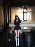 Simple 19th A Line U Neck Black Satin Short Homecoming Dress Birthday Outfits HZ1024