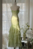 Stunning Mermaid Spaghetti Straps Satin Chiffon Sequin Beads Long Prom Dresses Formal Dress HZ1024
