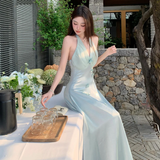 Chic A Line Halter Satin Chiffon Long Prom Dresses Formal Dress HZ1024