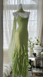 Unique Green Mermaid Spaghetti Straps Chiffon Long Prom Dresses Formal Dress HZ1024