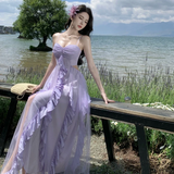 Lilac A Line Spaghetti Straps Satin Tulle Ruffles Long Prom Dresses Formal Dress HZ1024