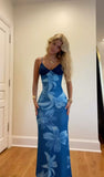 Gorgeous Mermaid Spaghetti Straps Satin Printed Long Prom Dresses Formal Dress HZ1024