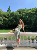 Elegant Mermaid Spaghetti Straps Satin Printed Lace Long Prom Dresses Formal Dress HZ1024