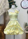 Pastel Yellow A Line Strapless Satin Beads With Flower Short Homecoming Dress 17th Birthday Outfits HZ1024