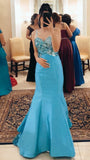 Unique Mermaid Sapghetti Straps Blue Satin Tulle Sequin Long Prom Dresses Formal Dress HZ1024