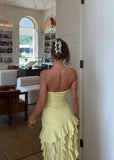 Chic A Line Strapless Satin Chiffon Ruffles Slit Long Prom Dresses Formal Dress HZ1024
