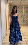 Navy A Line Spaghetti Straps Satin Printed Flower Long Prom Dresses Formal Dress HZ1024