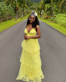 Yellow A Line Spaghetti Straps Tulle Long Prom Dresses Formal Dress HZ1024