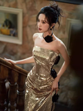 Sexy Mermaid Strapless Sequin Gold Prom Dresses HZ1024