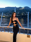 Special Mermaid Spaghetti Straps Black Satin Hollow Long Prom Dresses Formal Dress HZ1024