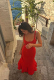 Unique Mermaid Spaghetti Straps Satin Polka Dots Long Prom Dresses Formal Dress HZ1024
