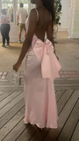 Special Mermaid Spaghetti Straps Pink Satin Backless With Bow Long Prom Dresses Formal Dress HZ1024